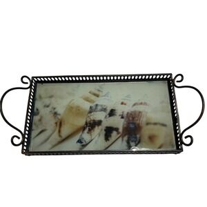Vintage Coastal Seashell Glass Inlay Metal‎ Tray Bronze Scroll Handles 13.5x7.5